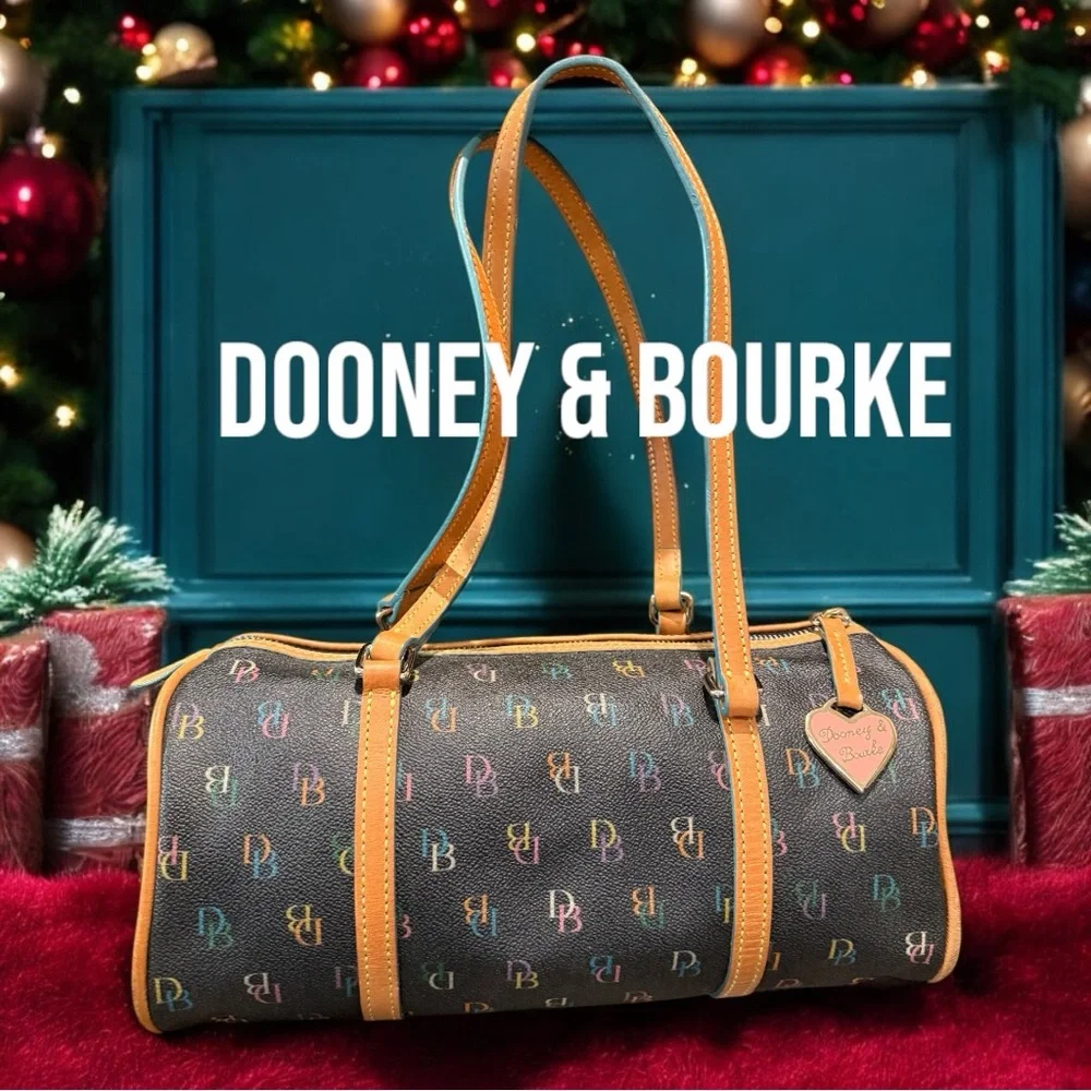 Dooney & Bourke Black Multicolor Logo Barrel Satchel with Tan Trim